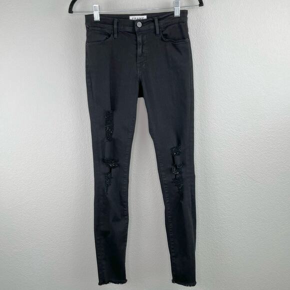 Frame Le High Skinny Low Rise Denim Jeans in Noir Jefferson Black Distressed 26 - Picture 16 of 16